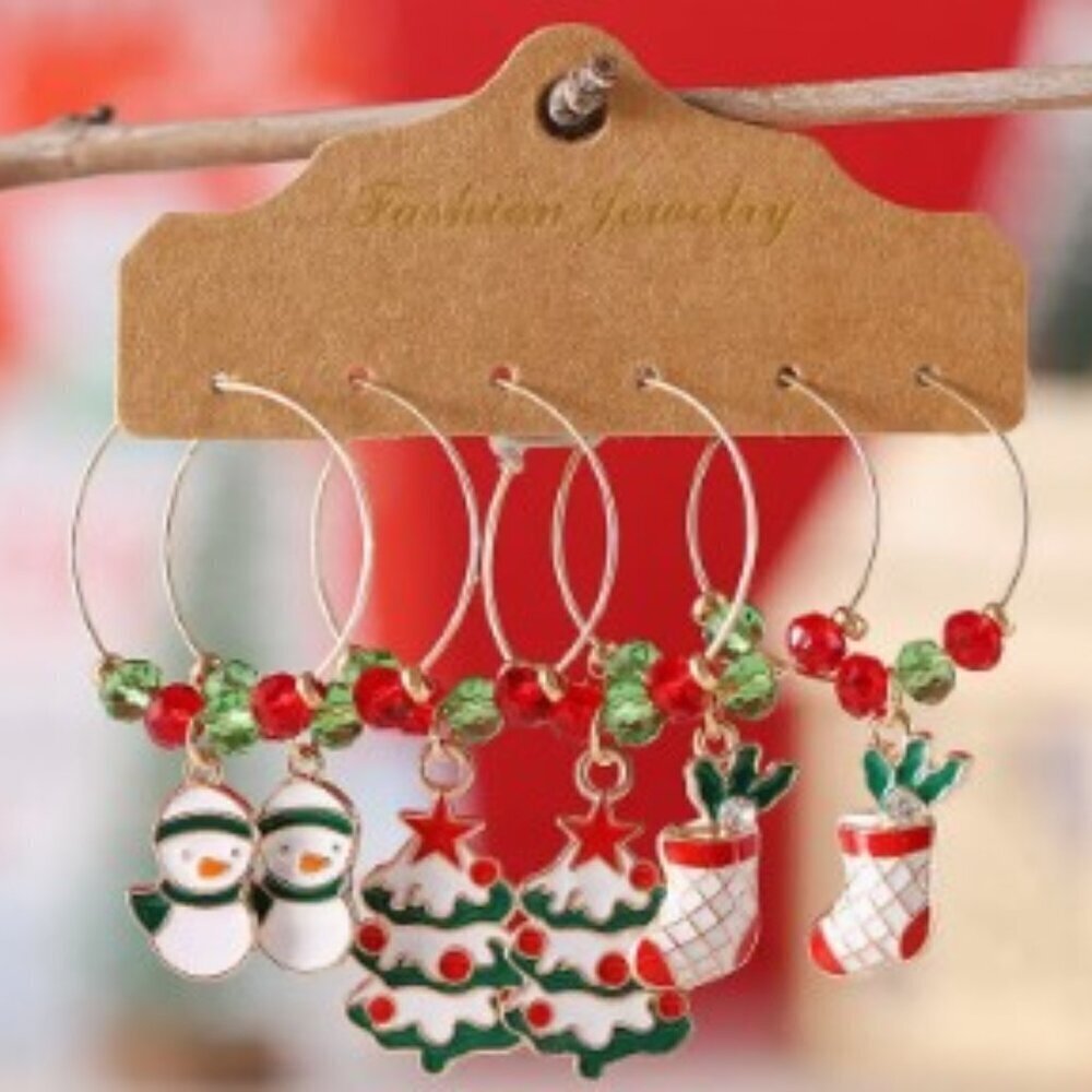3 Pairs Christmas Tree Snowman Elk Hoop Earrings Set Zinc Alloy, Hypoallergenic